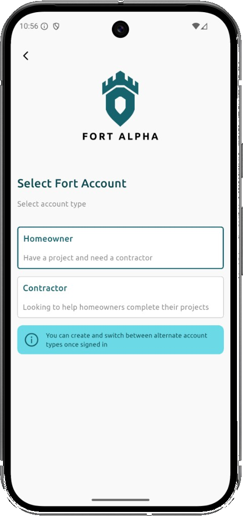 Fort app Select Fort Account screen